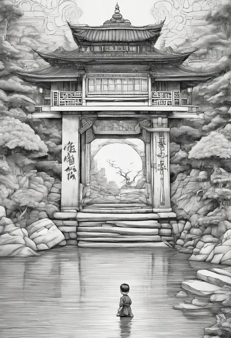 A child of 7 years old practicing Kung Fu with a Tibetan style hut behind him, child practicing kung fu at a Kung Fu palace, child standing on a bridge with a river running underneath him, masterpiece, super high definition, super high detail, super high d...