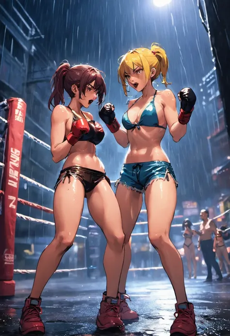 2girls,(boxing),face to face,angry, in a rain soaked street at night, photorealistic, cinematic lighting,(bikini)