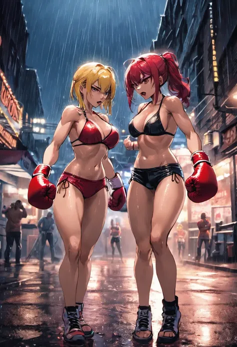 2girls,(boxing),face to face,angry, in a rain soaked street at night, photorealistic, cinematic lighting,(bikini)