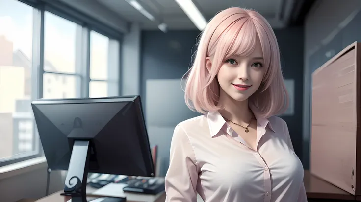 ((masterpiece, best)),(1girl),((mature woman)), light pink hair, dizzy, trumpet, ((office lady)), bangs, mid-chest, (full), slim...