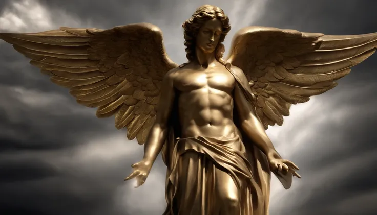 Close-up of winged angel statue, anjo da morte, anjo da morte, motor irreal renderizado + um deus, Villain has golden angel wings, the angel of death with a halo, angel in plastic armor, manto branco fluindo, Retrato do Anjo da Morte, angel knight gothic b...