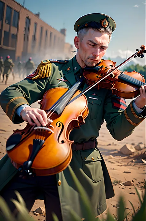 On the battlefield, a man in a Russian Army suit plays a violin