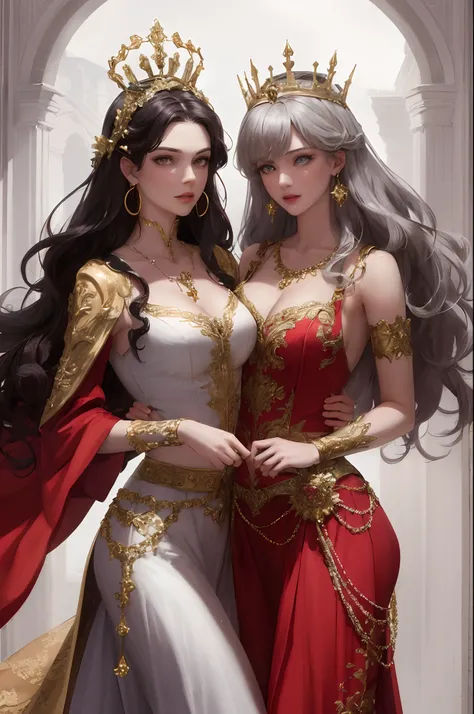 Sexy figure，a queen，Gorgeous costumes，Large breasts，golden laurel crown，Gorgeous earrings and necklaces，sceptre，red long skirt，Fair skin，Detailed pupils，Blue pupil，Incredibly ultra-detailed，stunningly realistic，Facial features of Nordic women，Look down on ...