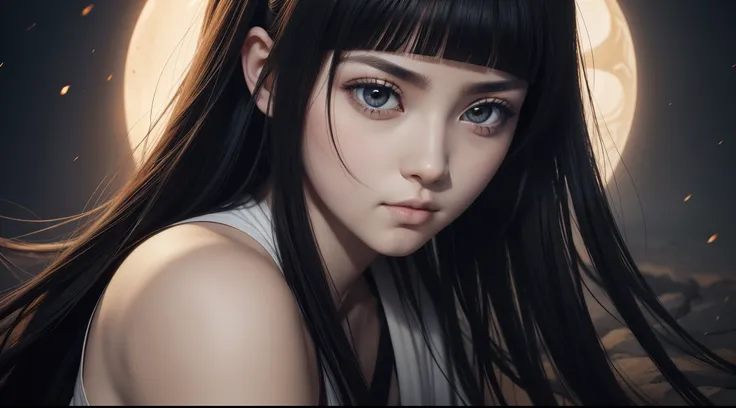 Hot portrait image, masterpiece, solo, extremely accurate rendering, cool beautiful Hinata Hyuga, light makeup, reliable young girl, savior of the world, simple design, best image, 8K, white eyes, same color as the original demon ninja.