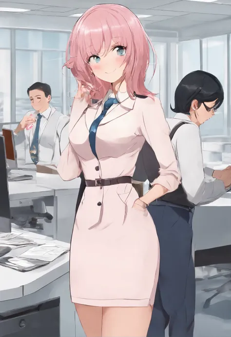 ((masterpiece, best)),(1girl),((mature woman)), light pink hair, dizzy, trumpet, ((office lady)), bangs, mid-chest, (full), slim, smiling, [wide hips] ,office,standing, aru (blue archive),