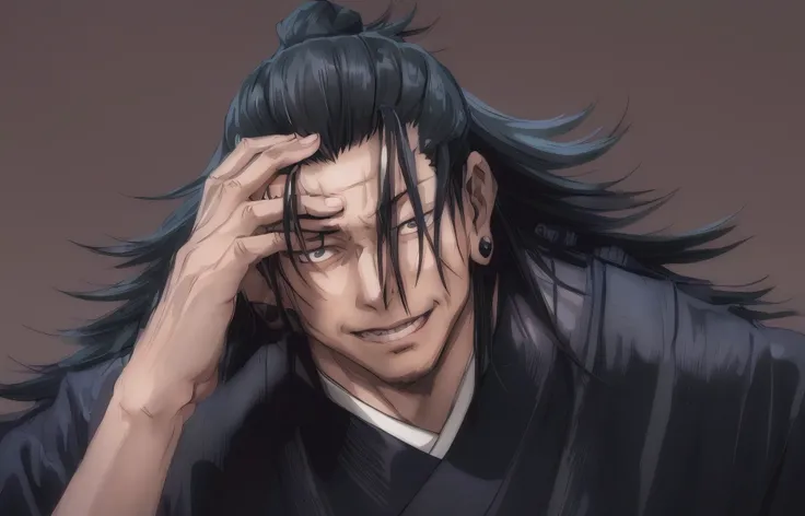 anime, a man with long hair and a black shirt holds his head in his hands, roguish smirk, tsurumaki kazuya, handsome guy in demo...