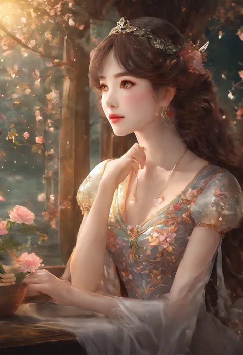 (best quality,4k,8k,highres,masterpiece:1.2),ultra-detailed,realistic,illustration design,delicate characters,beautiful detailed eyes,beautiful detailed lips,brown hair,window details,table details,long cheongsam,vibrant colors,soft lighting