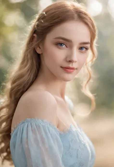 Ultra photo realsisim，Light blue thin long dress，poster for，Hyper-realistic，Hyper Real，Gaze at an 18-year-old girl in the distance，Blonde hair，Sapphire eyes，Delicate facial features1.3，Delicate fingers，The eyes are hopeful，ssmile，（Sunshine 1.5）Super light ...