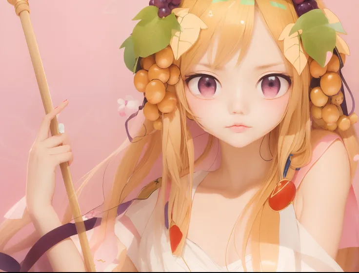 anime girl with a stick and a bunch of grapes in her hair, blonde anime girl with long hair, anime goddess, beautiful anime girl, cute natural anime face, (anime girl), pretty anime girl, anime visual of a cute girl, anime girl with long hair, cute anime g...