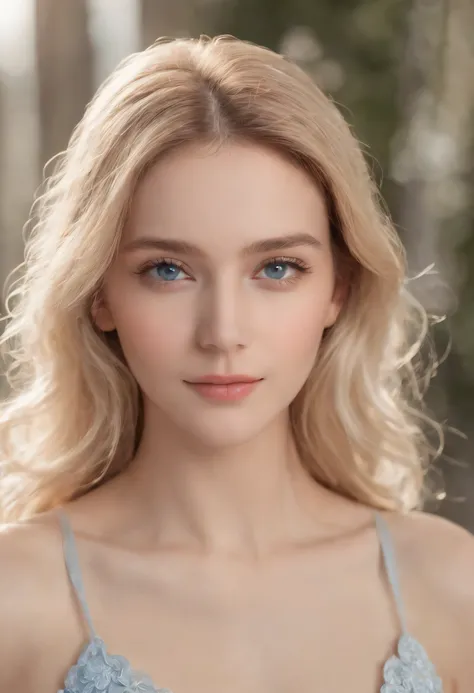 Ultra photo realsisim，Light blue thin long dress，poster for，Hyper-realistic，Hyper Real，Gaze at an 18-year-old girl in the distance，Blonde hair，Sapphire eyes，Delicate facial features1.3，Delicate fingers，The eyes are hopeful，ssmile，（Sunshine 1.5）Super light ...