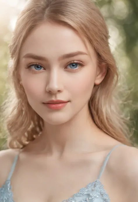 Ultra photo realsisim，Light blue thin long dress，poster for，Hyper-realistic，Hyper Real，Gaze at an 18-year-old girl in the distance，Blonde hair，Sapphire eyes，Delicate facial features1.3，Delicate fingers，The eyes are hopeful，ssmile，（Sunshine 1.5）Super light ...