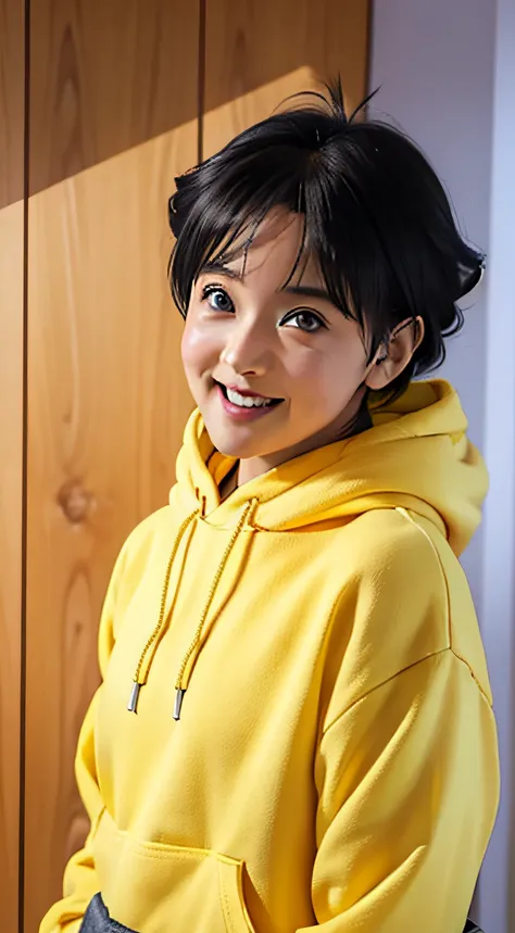 Uzumaki Himawari from the anime Naruto, Cheveux courts, cheveux noirs, yellow hoodie, Jupe rose, fille, Belle fille, beau, debout, corps parfait, corps entier, Regarder le spectateur, expression souriante