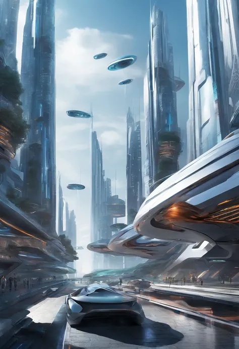 Imagine a futuristic city with several flying cars