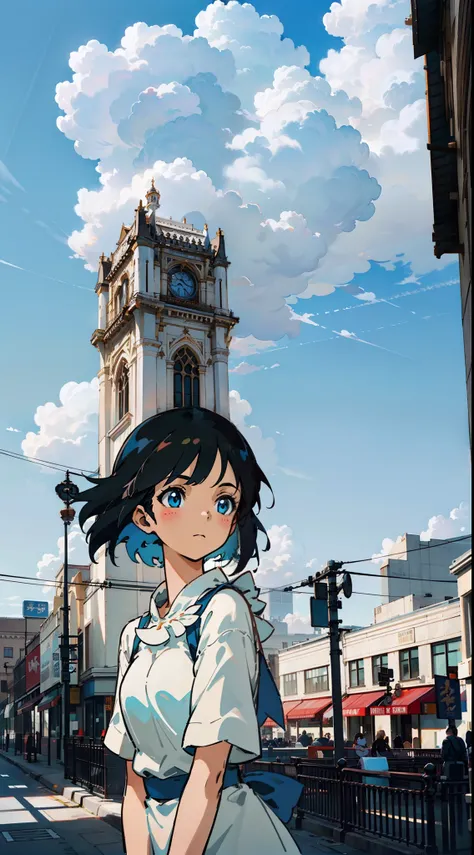 The girl wears a white shirt on her upper body，Short black hair，Realistic lighting，with blue sky and white clouds，clear skies，beauitful face，Delicate makeup，8K，Ultra-clear，High-quality graphics，infinite details，style of anime，A gentle breeze，the street，loo...