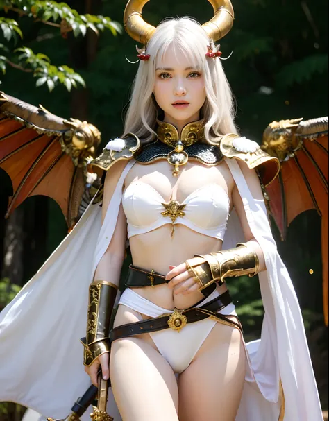 Professional , ​masterpiece、top-quality、photos realistic , depth of fields 、（White bikini armor)、（Particles of light）、Jewel Gold Weapon、Particles of light),Gorgeous gold weapons ,（（ Gorgeous Dragon Sword）） , （Hold the Devils Hand）,,（maikurobikini） 、（（White...