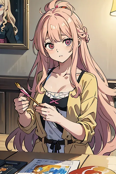 A hyperrealistic painting of a young blonde girl with pink hair, her hair is long and curly, she has light blond highlights in it, the background is a mix of pink and yellow, the painting was created with a very high level of detail, making it look like yo...