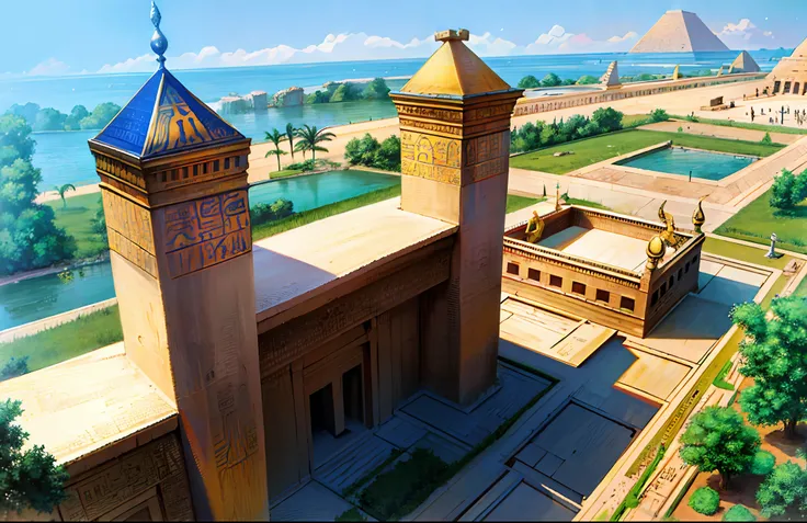 Magnificent ancient Egyptian-style palace，Royal Palace of Ancient Egypt，Ancient Egyptian temples，Nile River，sunraise，epic sense，Sense of grandeur