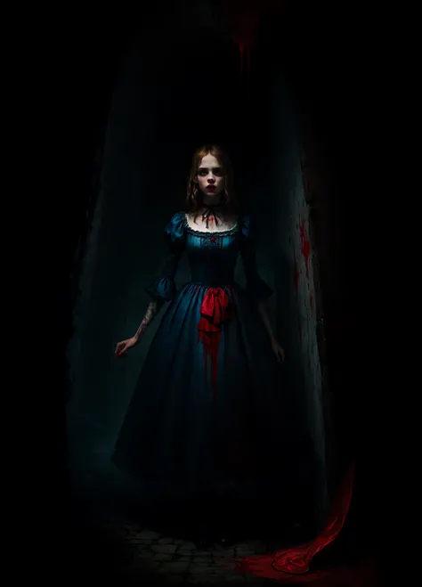 Depict Alice in Wonderland, in the style of realism, in the style of horror, Dark Colors, bloods, Alices dress in blood.