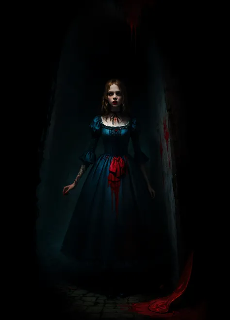 Depict Alice in Wonderland, in the style of realism, in the style of horror, Dark Colors, bloods, Alices dress in blood.