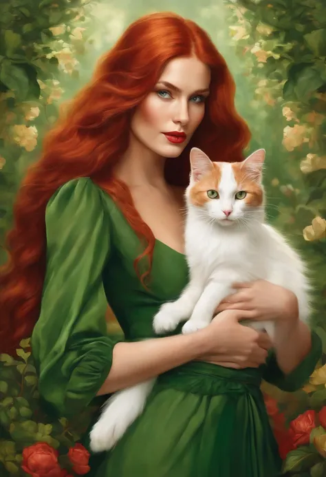 woman with long red hair in a green dress, with a white cat in her arms