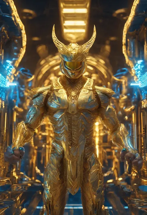 A golden man, with an imposing muscular structure, wearing intricate and gleaming armor, in a digital 3D style, inspired by the artwork of H.R. Giger, on Pixiv, with a highly detailed resolution, in a futuristic and dystopian setting, illuminated by a inte...