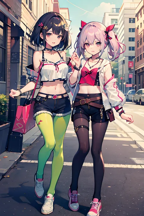 ,twins, Masterpiece,Best quality,offcial art,Extremely detailed Cg Unity 8K wallpaper, 2girls, cute female child,  hair adornments, Short shorts, Crop top, ribbon_choker necklace, leg belt,Pantyhose