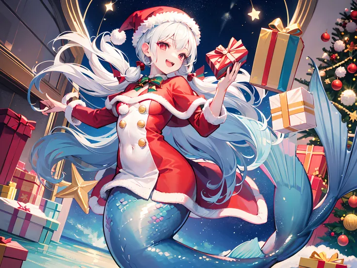 Best Quality, Extremely detailed, Anime, 1girl in, Solo, Laughing, Standing, Dynamic Angle, (mermaid:1.4), (santa costume), santa hat, Red Eyes, (Twin tail:1.2), White hair, Christmas tree, Christmas, at sea,