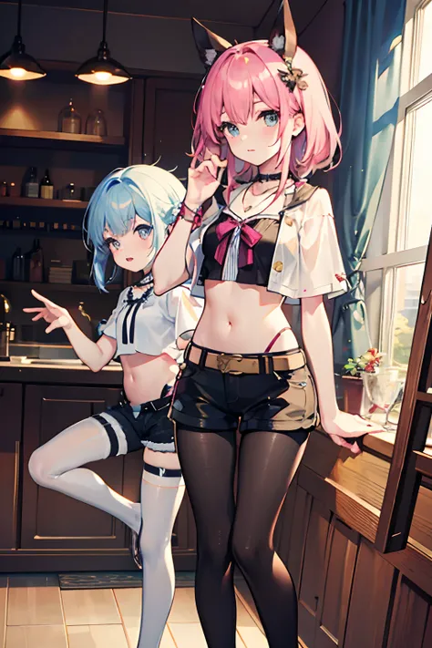 ,twins, Masterpiece,Best quality,offcial art,Extremely detailed Cg Unity 8K wallpaper, 2girls, cute female child,  hair adornments, Short shorts, Crop top, ribbon_choker necklace, leg belt,Pantyhose