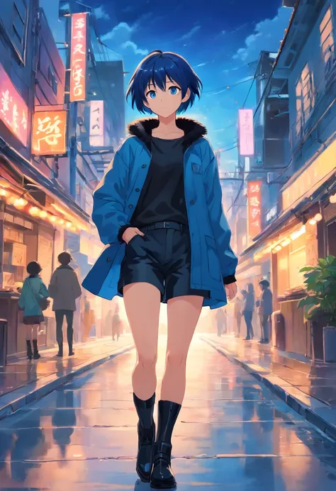 masterpiece, best quality, ultra-detailed, extremely detailed CG, blue short hair, dark blue eyes, blue mink coat, black camisole, black shorts, black boots, (15 years old girl)