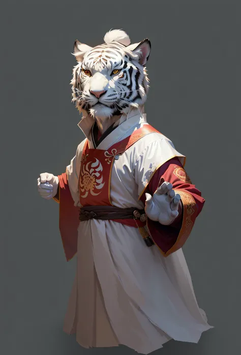 There is a white tiger dressed in Chinese clothing, Anthropomorphic tiger, tabaxi monk, Feng Zhu concept art, highly detailed character, inspired by Li Kan, hyper-detailed fantasy character, feng zhu |, painted in high resolution, concept art of a monk, cg...