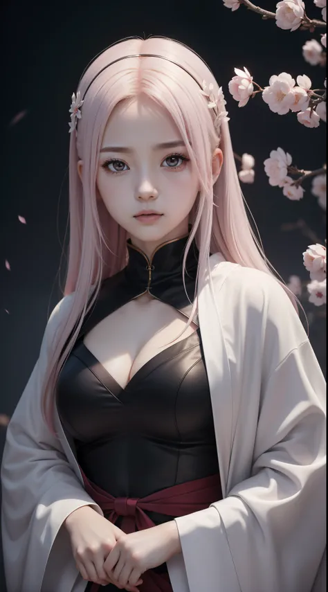 Hot portrait image, masterpiece, solo, extremely accurate rendering, cold beautiful Haruno Sakura, light makeup, reliable young girl, savior of the world, simple design, best image, 8K, white eyes, same color as the original demon ninja.