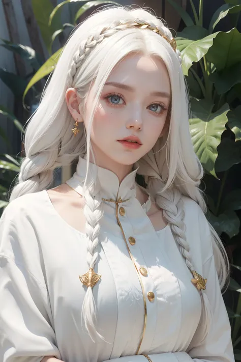 best quality, masterpiece,white hair, gold eyes,white clothes, looking up, upper body,hair strand,Fair skin,side braids