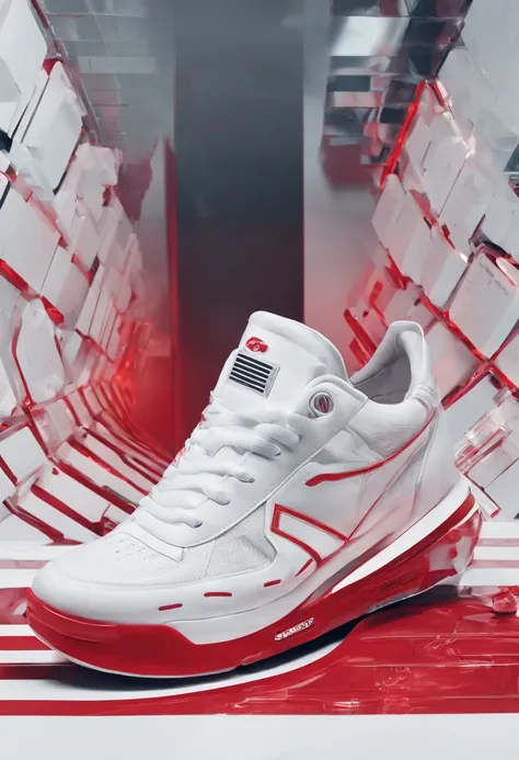 Craft a captivating and creative advertising photograph for white red sneakers that pushes the boundaries of traditional marketing. Showcase the sneakers in a unique and unexpected setting or context that tells a compelling story about the product. Use inn...