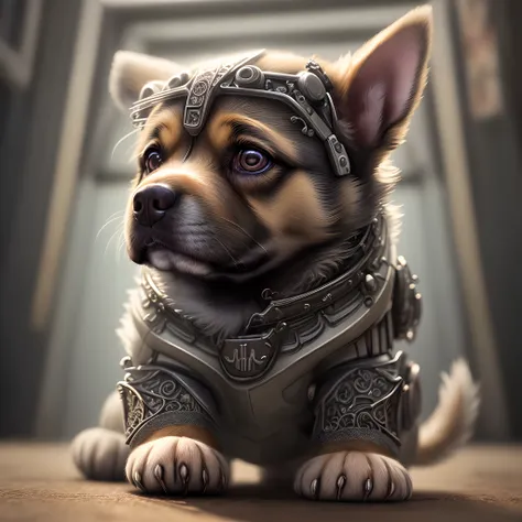 A beautiful puppy made of metal, (cyborg:1.1), ([tail | detailed wire]:1.3), (intricate details), HDR, (intricate details, hyperdetailed:1.2), cinematic shot, vignette, centered