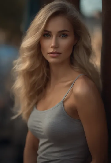 professional, (4k photo:1.1) by (Jeremy Lipking:0.3), (Dittmann Anna:0.3), (Arian Mark:0.3), (Sharp focus:1.3), high detail, wearing (tight shirt:1.2), beautiful detailed face, hazel eyes, long blonde hair, (attractive young woman:1.3), (seductive:1.1), (b...