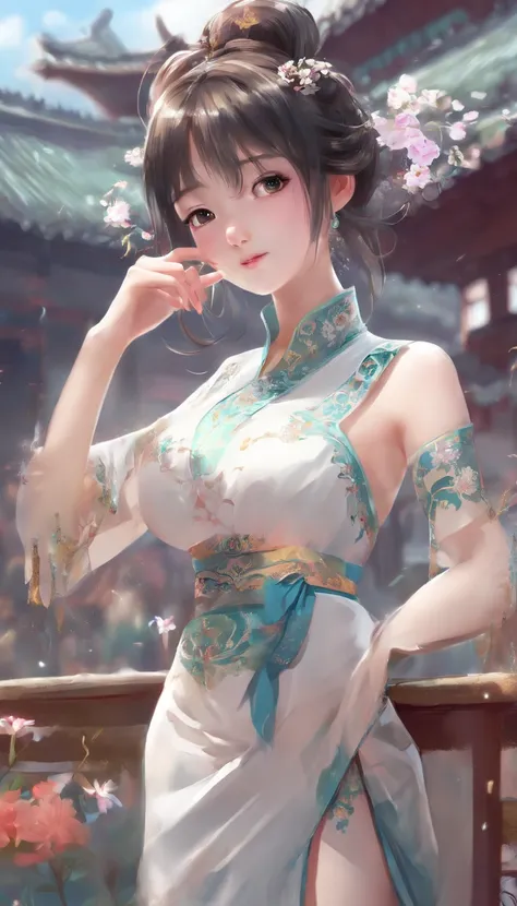 (best quality,8k,highres,masterpiece:1.2),ultra-detailed,realistic,portraits,vibrant colors,Chinese elements,lovely girl digital art,sweet smile,silky white cheongsam,playful expression,clear and bright eyes,two cute buns,shy smile,full body,3D,random pose...