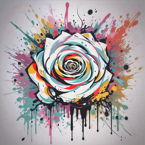 vector art, Colorful illustration with graffiti white rose, in the center, Bright colors, paint splashes and blots, high detail, whitebackground