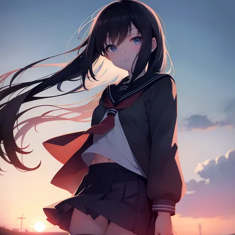 (masterpiece), best quality, expressive eyes, perfect face, long hair, dark hair, blue eyes, delinquant look, delinquant highschool uniform, short skirt, tsukebe, discusted look