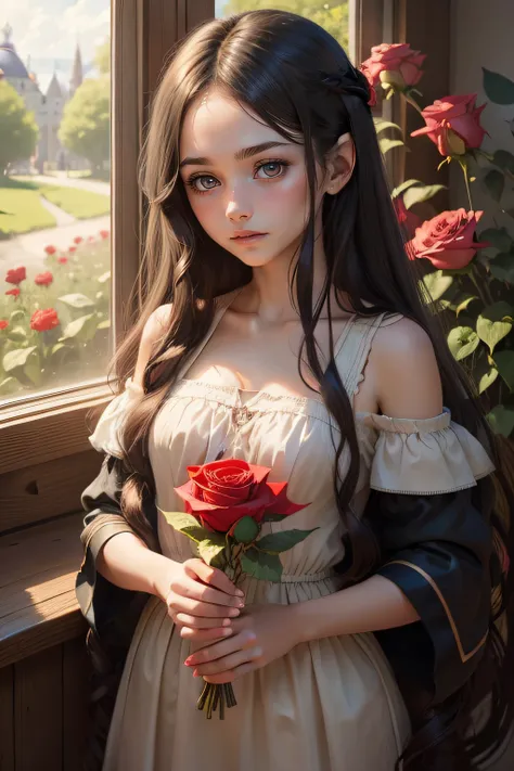 a young fairy girl with a pure face and long dark hair, holding a red rose in her hands