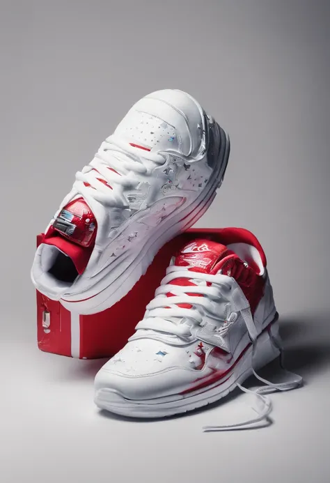 Craft a captivating and creative advertising photograph for white red sneakers that pushes the boundaries of traditional marketing. Showcase the sneakers in a unique and unexpected setting or context that tells a compelling story about the product. Use inn...