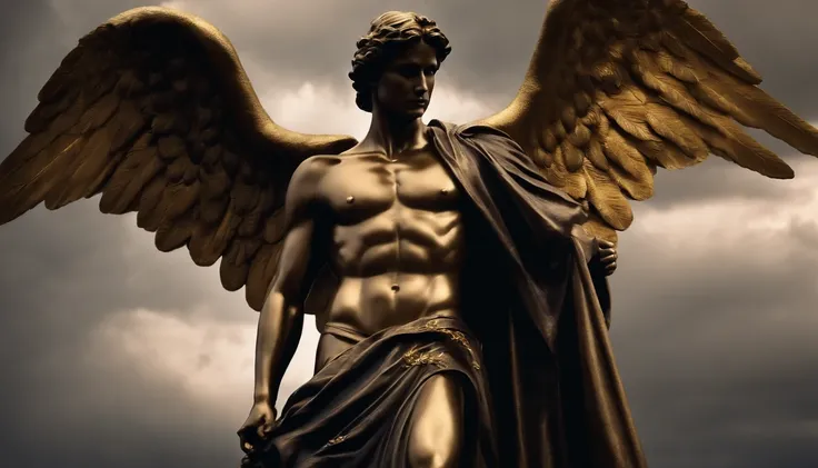 close up winged angel statue, male , fallen angel statue, angel with halo, with golden wings, contrasting skin, high quality, hyper realistic, standing male angel, gothic boy, majestic golden wings, dark black clouds in the back ground