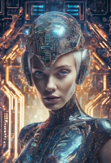 Full body photo of a beautiful woman with short white bob hairstyle, smiling, wearing a dress made only of electronic circuit boards, intricate detail