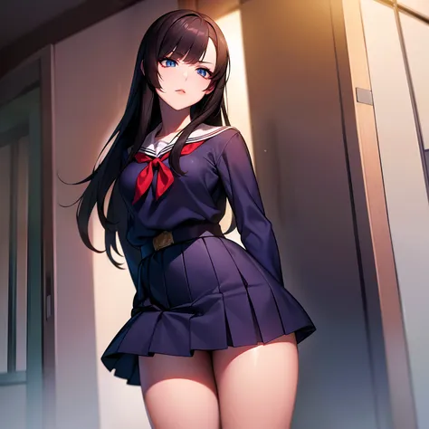 (masterpiece), best quality, expressive eyes, perfect face, long hair, dark hair, blue eyes, delinquant look, delinquant highschool uniform, short skirt, tsukebe, discusted look