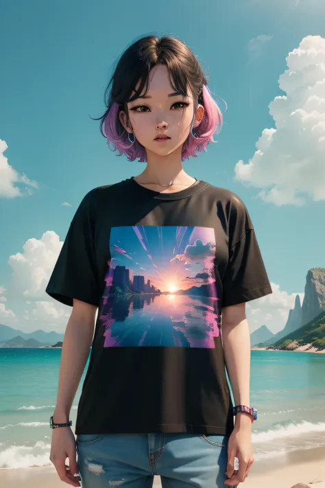 T-shirt design， vaporwave style， aesthetics， chill，  lofi style， ultra - detailed， Background with， The landscape， highly  detailed， 8K， k hd