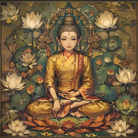 Portrait of Buddha sitting on a lotus flower, Buddha, a Buddhist Buddha, buddhism, budista, sukhasana, buddhist art, Bodhisattvas, samsara, Pushkarakuha, attractive male deity, Spiritual enlightenment, padmasana, Karma for tomorrow。, Hindu stages of medita...