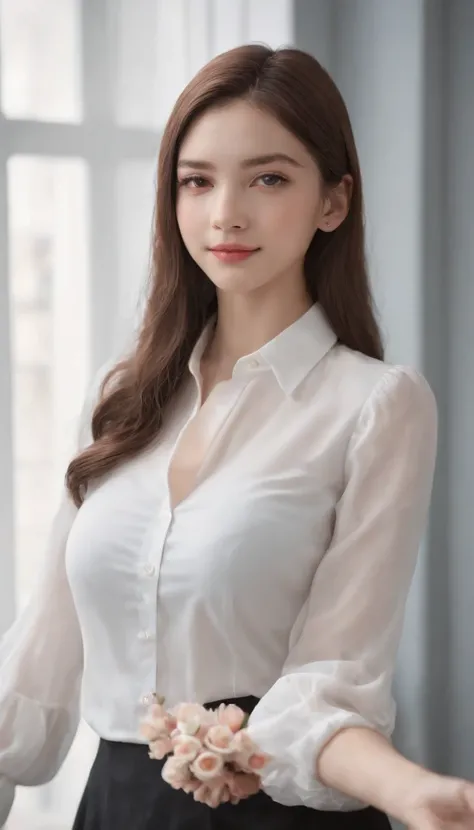 High quality，tmasterpiece，超A high resolution，(Photorealsitic),（realisticlying：1.4），RAW photogr，Full body photo of the girl，inside in room，sit on chair，Legs crossed)，Good looking face，Slim，Dignified，Small Fresh，（blouse with a white collar，black short skirt）...