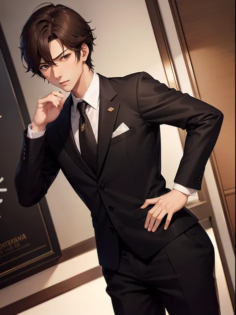 Brown hair。Handsome Anime Pose, Wearing a strict business suit, Smooth Anime CG Art, elegant cinematic pose, Rin, wearing a black noble suit, male anime characters, ryuta ueda artwork, anime handsome guy, he is wearing a suit。big butts。