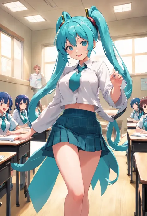 Miku Hatsune、Blue hair、big、ssmile、High school students、high school uniform、Lightly dressed、mini skirt、white panty、Classroom, giantess,huge hips, Huge-breasts, Curvy shapes, Milf