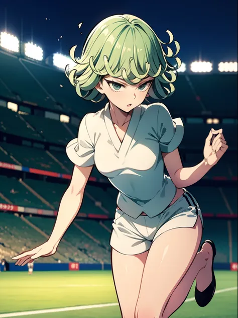 tatsumaki with a white shirt and white shorts (running)(football stadium)(full body)