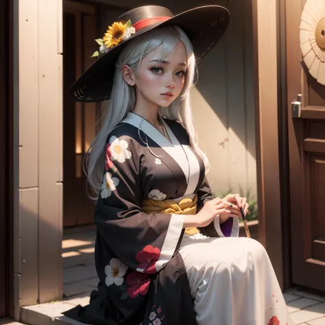 She has chosen to wear a dark-black flowery kimono coupled with a white obi. The bowler straw hat sitting at the top of her silver hair is purely fashionable as the sun isnt bright enough to warrant it.